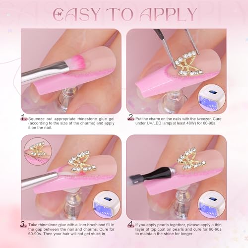 3D Nail Charms and Gems Set 10 with Rhinestone Glue, 20PCS Chunky Butterfly Charms + 60PCS Nail Bows in 2 Styles + 3D Flowers with Crystals, Pearls, Diamonds, and Picker Tools for Y2K Nail Decor
