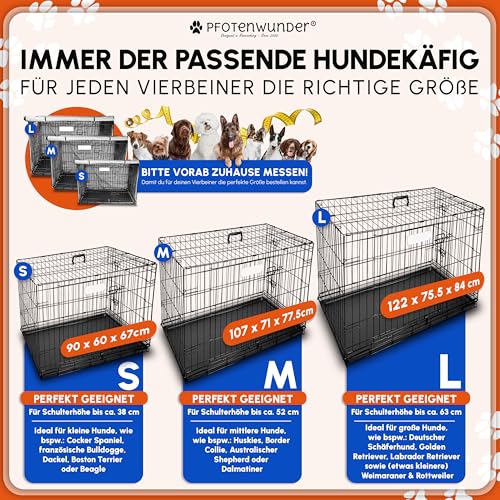 PFOTENWUNDER® Hundekäfig für zuhause, Gitterbox Hund in 3 Größen, 2 Türen + 1 Cover, 1 Trainingsbuch, Tiertransportbox Hundetransportkäfig klappbar, Hunde-Transport-Box Auto Drahtkäfig (107*71*77,5cm)