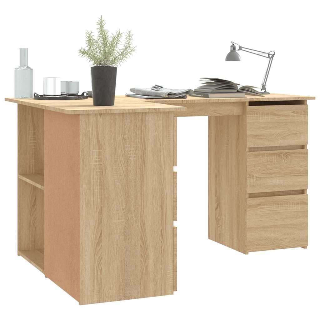 Scrivania angolare in legno di rovere Sonoma, 145 x 100 x 76 cm, con 4 cassetti e ripiani, per ufficio, studio, casa, organizzazione e postazione di lavoro