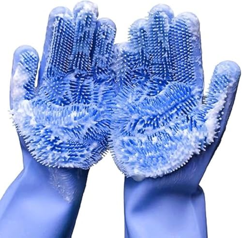 Image of Silicone Dishwashing Gloves with Built-In Scrubber | Reusable Cleaning Gloves for Kitchen & Household Use | Heat Resistant Hand Gloves for Washing Dishes & Plate Cleaning (Multicolour Pair 1)