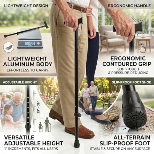 Image of JSB W09 Walking Stick for Men and Women Old People | Walking Aid for Physiotherapy Fracture Support | Lightweight Slip Free Base (Pack of 2) (Black)
