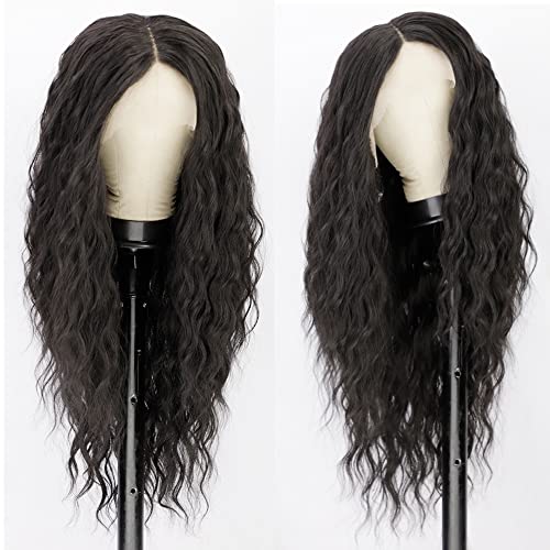 AISI QUEENS Lace Front Wig Black Wavy Wigs for Women Long Curly Synthetic Middle Part Lace Wig Heat Resistant Replacement Wig for Daily Party Use 26 Inches