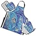 Set di 5 guanti da forno con lustrini dorati, colore blu marmorizzato con inchiostro liquido, isolati termicamente, con supporto per pentole, guanti da cucina per grigliare e cuocere