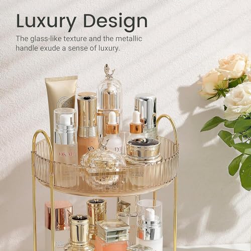 Large Rotating Makeup Organizer - 2 Tier Amber Gold Storage - Image 5
