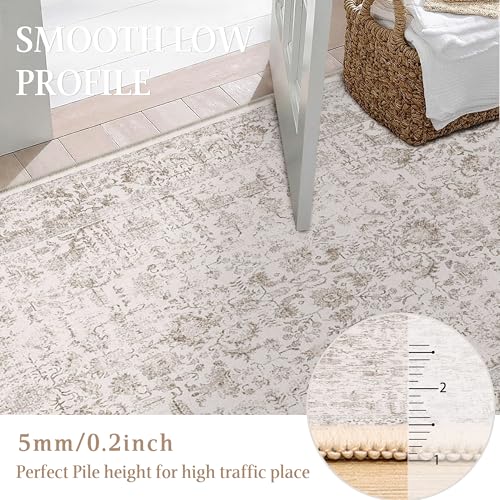 Light Brown Runner Rug 2x10 Hallway Machine Washable Kitchen Vintage Distressed Non Slip Long Carpet Indoor Retro Floral Bedroom Accent Throw Rug for Bathroom Office Laundry Dining Room