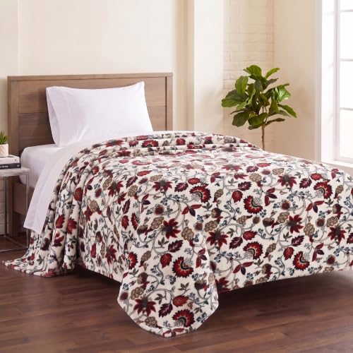 Image of VAS COLLECTIONS 280 GSM Flannel Blanket for Single Bed, Ultra Soft Plush Fleece Blanket, Warm & Cozy Winter Blanket, Breathable AC Blanket, for Home & Travel, 220 x 150 cm - Ivory Crimson
