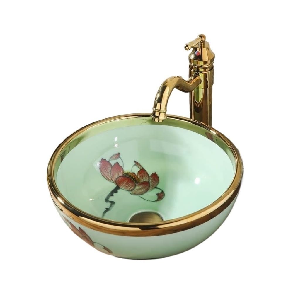 Z4t8m2k6g5 One Color Countertop Bathroom Vessel Green Round Bathroom Sink 40 * 40 * 15Cm Ceramic Vessel With Faucet And Drain Combo Cloakroom Sink