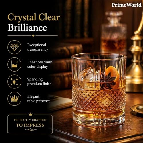 Image of PrimeWorld Signature Crystal Whiskey Glasses Set of 6 pcs- 300 ml Bar Glass for Drinking Bourbon, Whisky, Scotch, Cocktails, Cognac- Old Fashioned Cocktail Tumblers