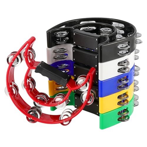 SEHOI 6 PCS 9 x 7.7 Inch Handheld Tambourine, 6 Colors Double Row Tambourine, Plastic Half Moon Hand Held Percussion Instrument for Music Performances, Rehearsals, Gatherings