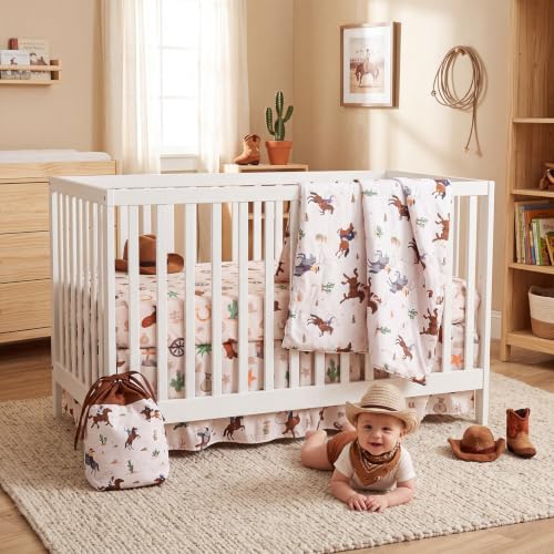 Image of Hahafelt 4 Pieces Crib Bedding Set for Girls and Boys, Soft Baby Bedding Set Including Crib Skirt, Comforter, Sheet and Diaper Stacker for Nursery(Western Cowboy)