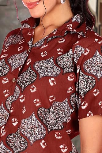 Image of POPWINGS Ethnic Printed Cotton Half Sleeves Regular Fit Crop Shirts for Women Stylish Western Casual Wear