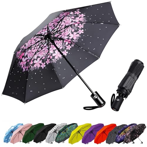 Image of SIEPASA Compact Travel Umbrella - Windproof Auto Open /Close, Small Folding Umbrella for Rain & Sun with UPF50+ - Lightweight Frame, Waterproof - Fits Backpack, Purse, Suitcase.(Pink Cherry Bossom)