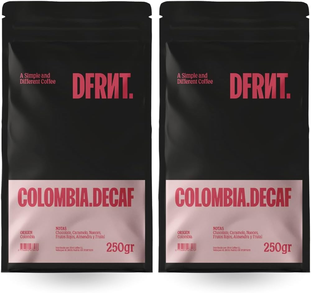 DFRNT. Colombia Descafeinado 500g (86.75 Puntos SCA) – Café de Especialidad en Grano - Descafeinado con Proceso Natural de Caña de Azúcar (EA) – 100% Arábica – Notas Chocolate y Caramelo - Espresso
