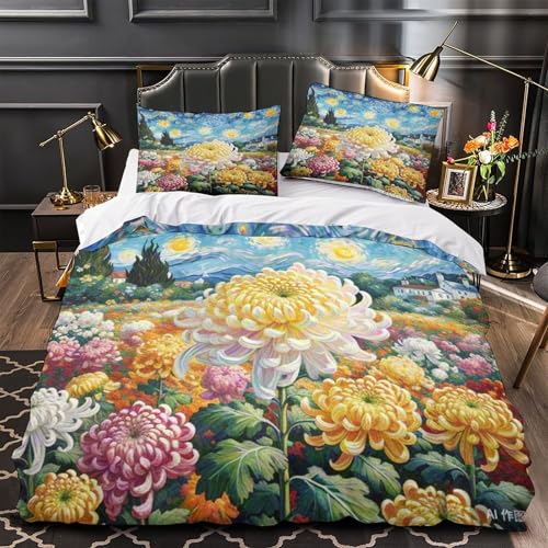 Housse de couette chrysanthème imprimée 3D microfibre douce lit double - 4