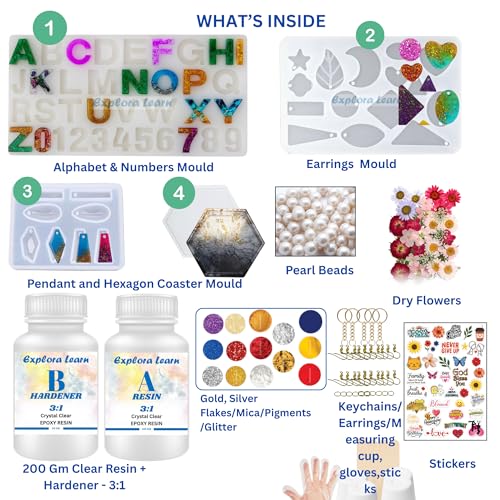Image of exploralearn 95 Pcs Ultimate Resin Art Kit with 200g Epoxy Resin - DIY Alphabet, Jewelry, Coasters & Pendants - Includes Dried Flowers, Stickers, Glitters & More
