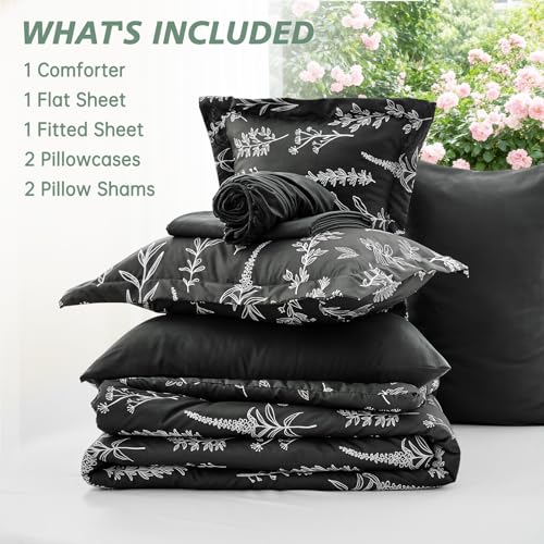 Image of MUXHOMO Oversized King Comforter Set, Black Elegant Floral Print Bed in a Bag 7 Pieces, Ultra Soft & Breathable Reversible Botanical Pattern Bedding Set with Comforter, Sheets, Pillowcases, and Shams