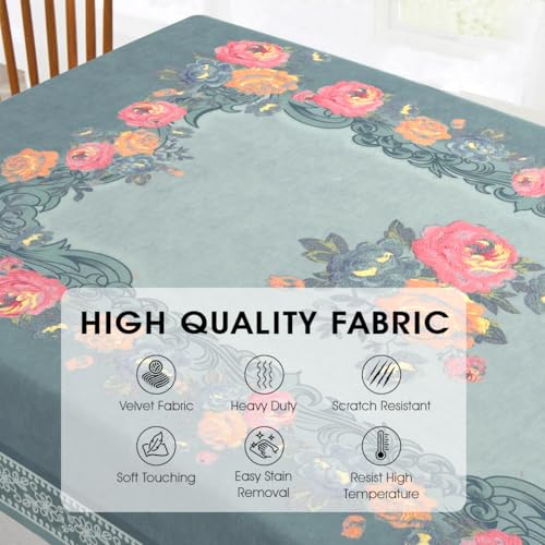 Image of Cloth Fusion Velvet Floral Dining Table Cloth 6 Seater, Dining Table Cover with Elegant Floral Pattern for Dining Room (60x90 Inch, Light Blue)