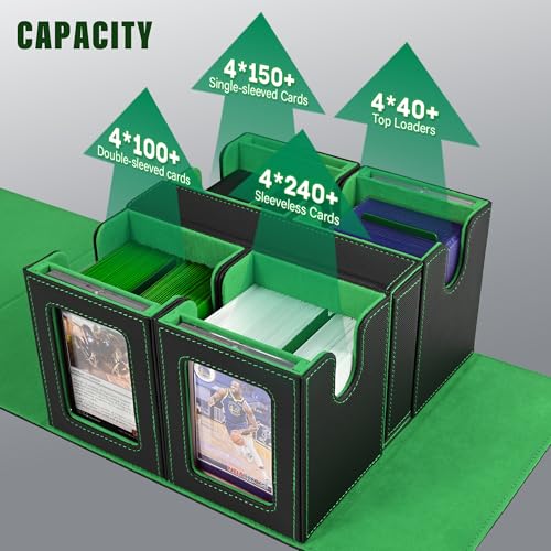 Image of Kabinka Card Deck Box for MTG Commander, Holds 400+ Double-Sleeved Cards, 5 IN 1 Detachable Card Case with Dice Tray, Fits Magic /TCG Cards, 4 Magnetic Card Holders & Dividers (Black Green)