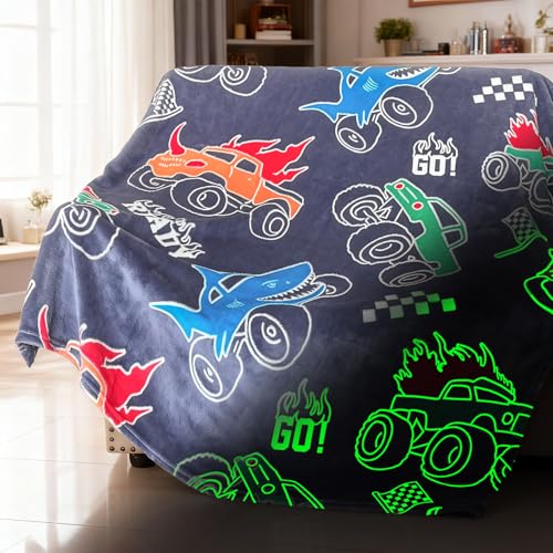 COMFAR Glow in The Dark Monster Truck Blanket for Boys/Girls/Kids/Toddler/Baby Monster Truck Toys for Boy Age 3-12 Car Blanket for Birthday/Gifts 40x 50