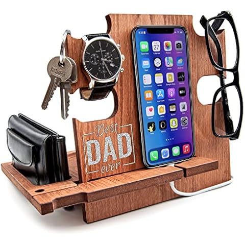 Gretaoto Design Docking Station for Men, Wooden Desk Organizer, Silver Best Dad Ever Engraving - Smartphone Stand, Nightstand Holder (Walnut-Silver) Cover