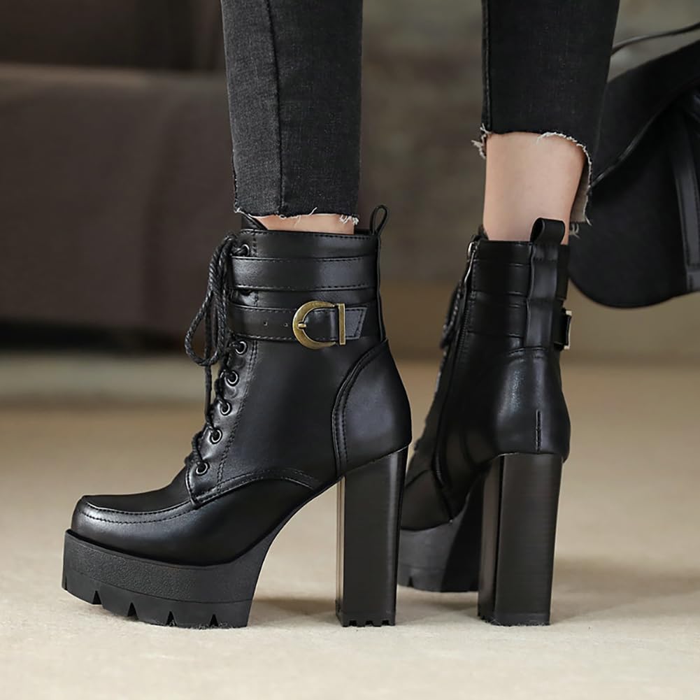 Mujer Botines Militares De Tacón Grueso Y Plataforma Cordones Punta Redonda Botas De Combate