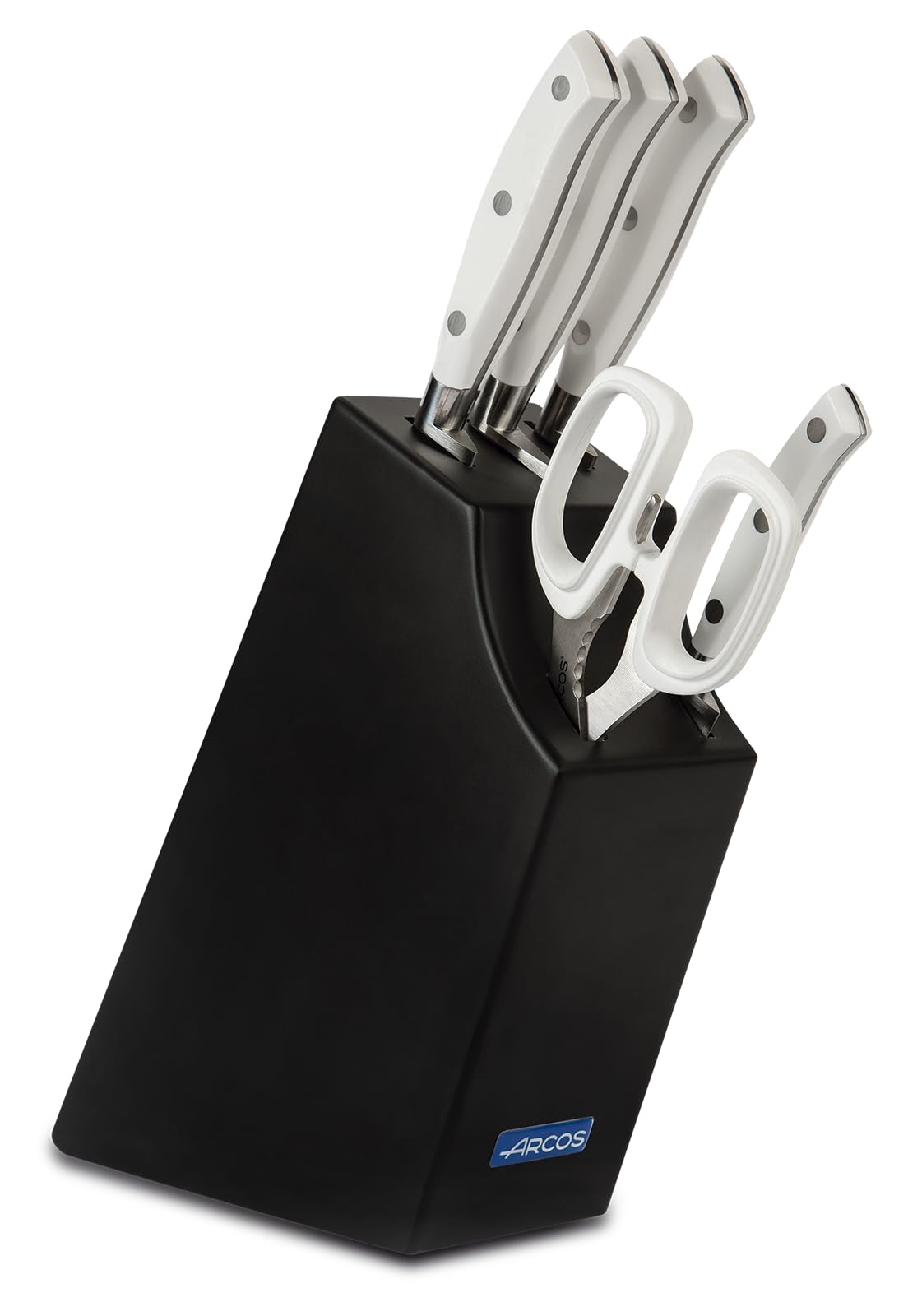 Arcos Serie Riviera Blanc - Juego de Cuchillos de 5 piezas en Caja de Regalo (4 Cuchillos + 1 Tijeras) - Hoja de Acero Inoxidable Forjado NITRUM - Mango de Polioximetileno (POM) - Bloque de madera de color negro lacado