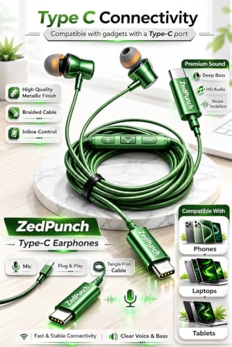 Image of Gaming Type-C Wired Earphone with Mic, 10mm Dynamic Bass Driver, Magnetic in-Ear Headphones, Low Latency Sound for Gaming, 1 Button Control, HD Calling, Voice Assistant, (Light Green)