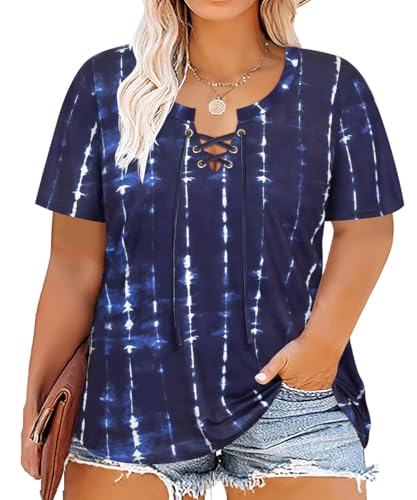 Image of CARCOS Womens Plus Size Tops Short Sleeve Shirts V Neck Tunic Floral /Tie Dye /Solid Summer Tees XL-5X