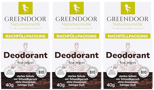 GREENDOOR Deodorant Refill System, 3 * 40g Refills for men, nachfüllbares festes Deo ohne Aluminium, sicherer starker Schutz, vegan, holzig frischer Duft, plastikfrei