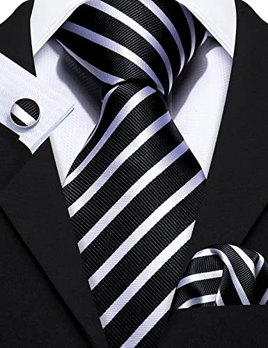 Image of Barry.Wang Tie Sets for Men Silk Stripe Necktie Woven Checkered Handkerchief Cufflinks Formal Business Wedding