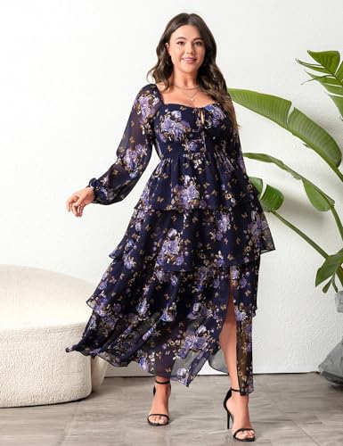 Womens Plus Size Floral Tiered Ruffle Long Sleeve Evening Party Wedding Guest Dress2