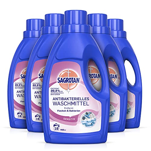 Sagrotan Detergente higiénico 2 en 1 Sensitiv – Detergente para ropa higiénicamente limpia y fresca – Potente contra manchas y olores – Sin perfume ni colorantes – 5 x 900 ml