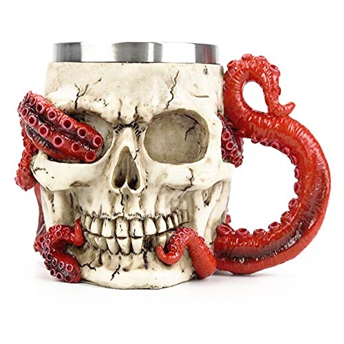 PROVIVID Skull Coffee Mugs with Handle Stainless Steel 3D Skull Beer Mug Realistic Resin Octopus Tentacle Beverage Drinking Cup Drinkware Mug Unique Gift for Men - 13oz