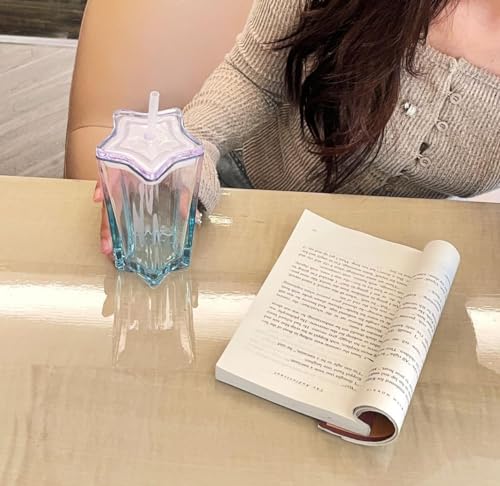 Image of KHOLAD Glass Water Tumbler with Lid and Straw, Transparent Drinking Cup Cute Pentagram Design Color Glass Coffee Sipper Mug for Smoothie Soda Ice Tea (Purple, 350ml, Set of 1)