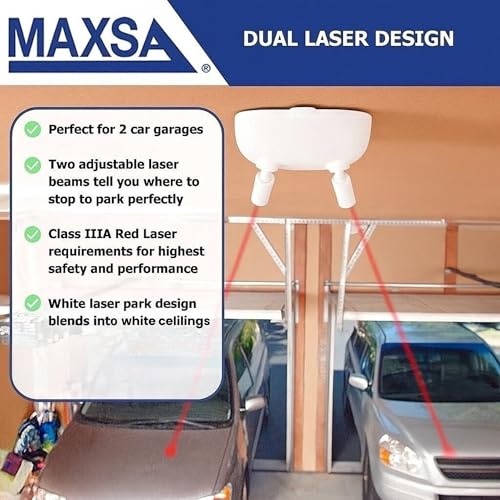 Image of Maxsa 37110-W-RS Park Right Dual Laser Parking Guide for One /Two-Car Garage, Fully Adjustable Lasers, Motion Activated, Battery Powered, Universal Car and SUV Parking Guide, White