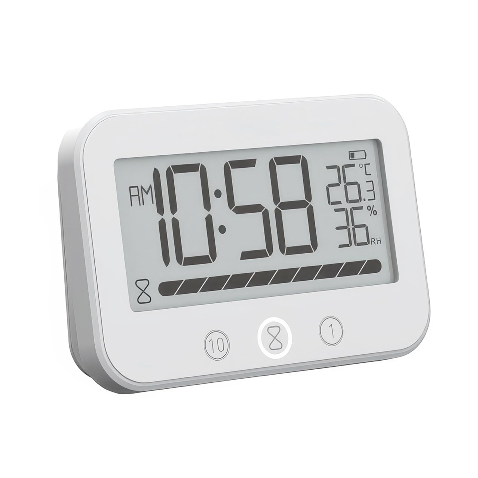 Reloj digital de baño con ventosa, termómetro e higrómetro, pantalla LCD, temporizador de cuenta atrás, funciona con pilas, para colocar de pie o montar en la pared, para ducha, baño, cocina, color
