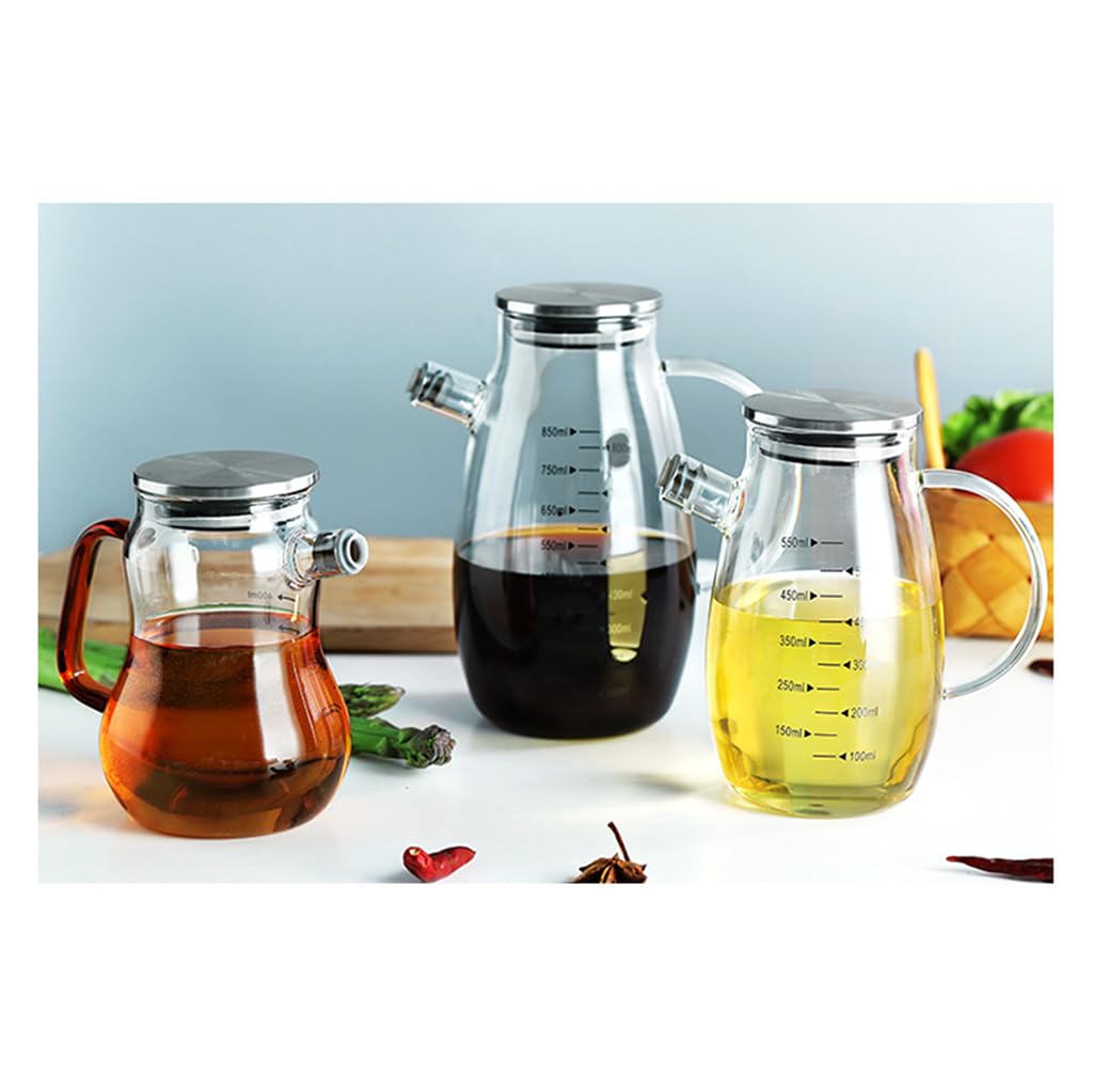 Botella dispensadora de aceite de vidrio, Dispensador de aceite y vinagre de vidrio con escala y boquilla antigoteo (350/550/850 ml)(850ML)