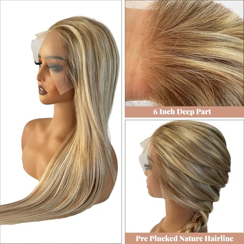 Image of Belaved 24 Inch Highlight Ombre Medium Brown Lace Front Wigs Human Hair Mix Blonde 13x6 Long Straight Balayage Blonde with Brown Roots 180% Density HD Lace Frontal Wig for Women Pre Plucked 8B60A
