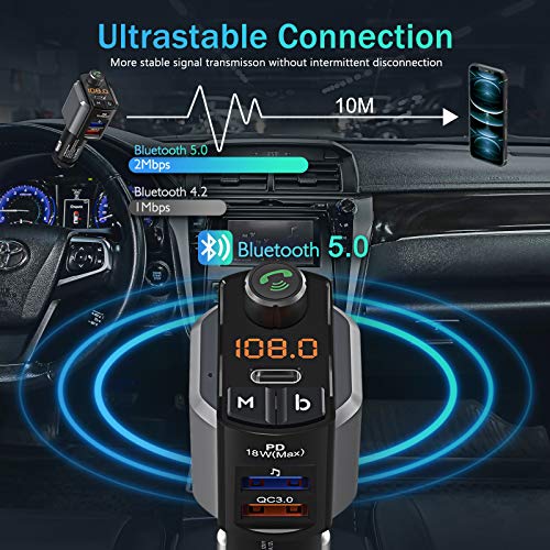 Transmissor FM LENCENT Bluetooth 5.0 para carro, QC 3.0 e Type-C PD 41W carregador adaptador de áudi