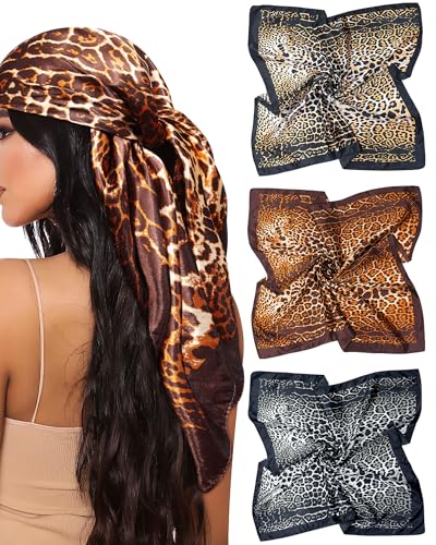 Mesovor 35” Square Head Scarf for Women, 3 Pack Like Silk Satin Headscarf Hair Neck Scarf Top Bandanas for Sleeping