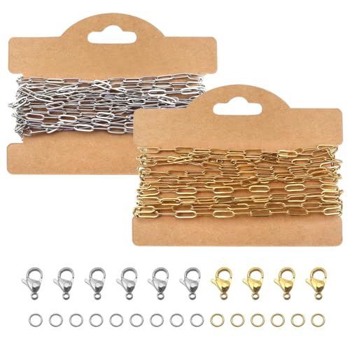 TOAOB Chaine de Trombone de 5m 3x9mm Chaînes de Collier en Acier Inoxydable Doré Argent Chainette pour Bijoux avec 10 Fermoirs Mousquetons et 30 Anneau...