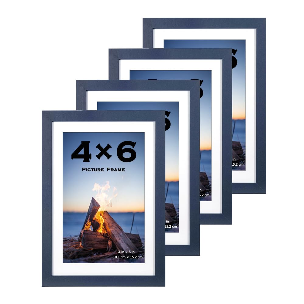 Blue Wooden 6x4 Inch Picture Photo Frame, Set of 4，Freestanding and Wall Mountable