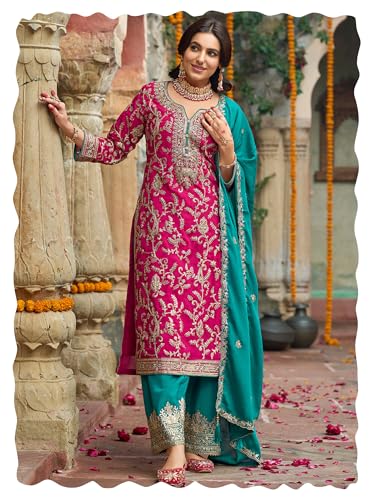 Image of INDO ERA Women's Silk Blend Embroidered Straight Kurta & Pant With Dupatta Set (IEOUT10592)