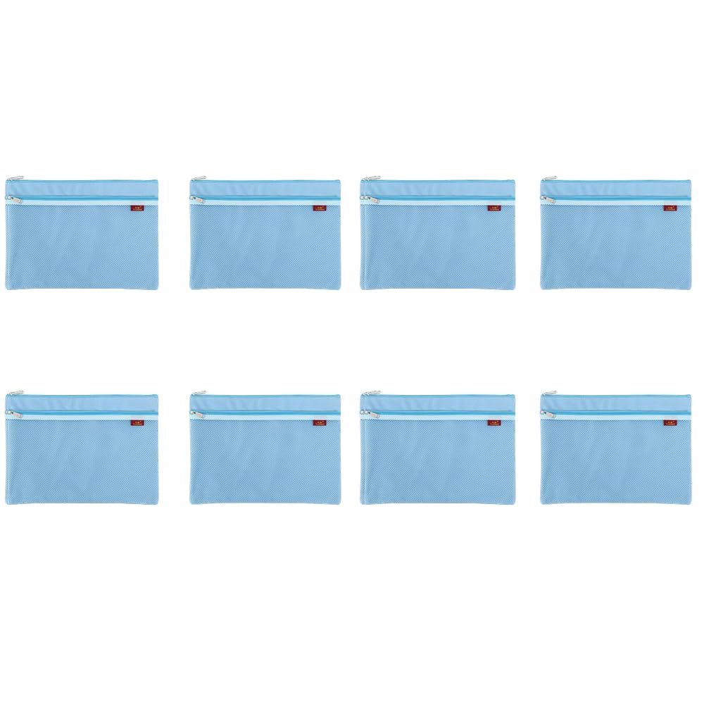 8Pcs A4 Mesh File Zip Bags, Folder Wallets Zipper Pouch Oxford Clear Mesh Bag Double-Layer Grid Document Storage Receipt Organizer Bag for Office Home School Supplies Blue
