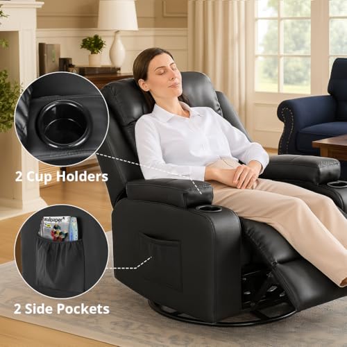 COMHOMA Recliner Chair,PU Rocking Chair for Adults,Swivel Recliner with Cup Holders Single Sofa Seat with Side Pockets for Living Room,Bedroom(Black) - Image 6