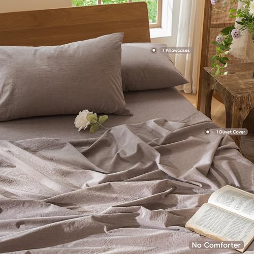Image of MooMee Duvet Cover Set 100% Washed Cotton Linen Like Twin | Relaxed Linen-like Texture. Soft, Breathable & Long-lasting Comfort. Lightweight. Hidden Zipper with 8 Interior Corner Ties