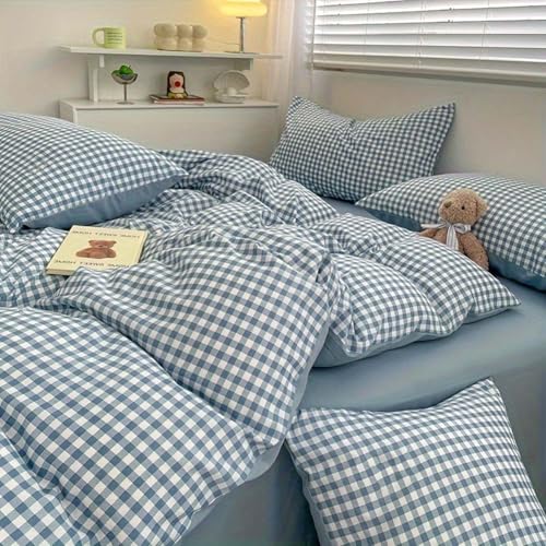 Image of Nayoroom Blue Gingham Duvet Cover Queen Size Plaid Checkered Comforter Cover 3 Pieces Soft Lightweight Washed Microfiber Farmhouse Grid Dorm Bedding Set with Pillowcases