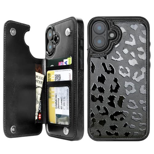 uCOLOR for iPhone 16 Wallet Case with Card Holder Black Leopard