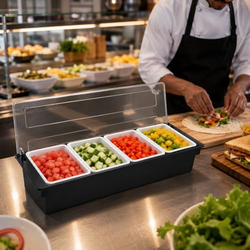 Image of 4-Compartment Condiment Dispenser with Lid | Salad Bar Container for Restaurant, Buffet, Catering & Home Use | Food Prep Station Organizer with Removable Containers