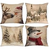 Lanpn 4 Pezzi Federe Cuscini Natalizi Copricuscini Natalizia 45x45cm, Babbo Natale Pupazzo di Neve Retrò Federa Natale Decorativo, Decorazioni Natalizio per Soggiorno Divani Letto in Camera da Letto